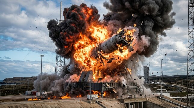 Catastrophic rocket explosion and fiery crash on launch pad