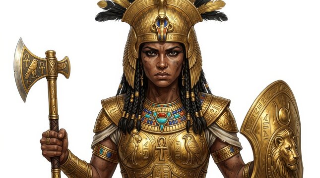 Egyptian queen warrior holding golden battle axe and shield
