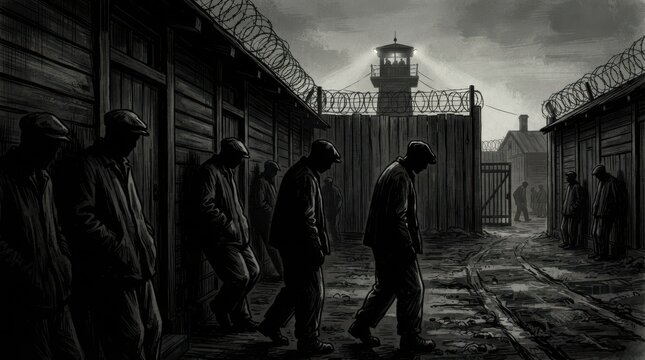 Depressing prisoners walking in dark concentration camp
