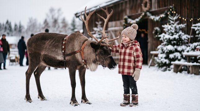 Young child in winter clothing petting a reindeer in a snowy landscape with festive decorations