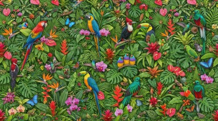 Naklejka premium Tropical jungle with colorful exotic birds and lush foliage