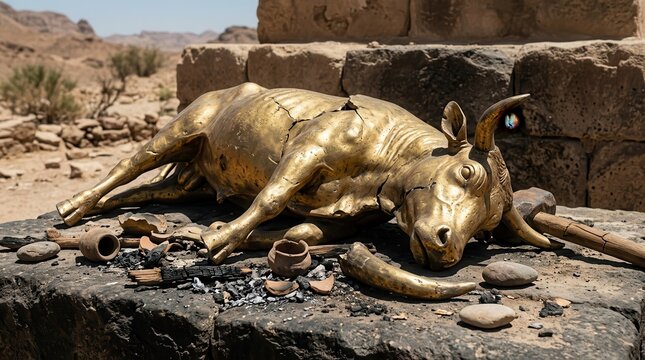 Golden bull statue lying on stone altar with pottery and ashes in desert landscape