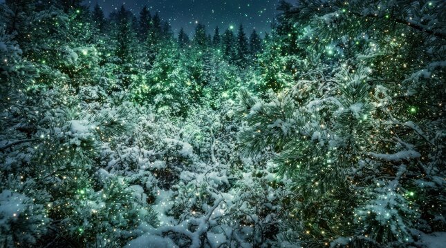 Snowy winter forest landscape with glowing magical fairy lights in evergreen trees