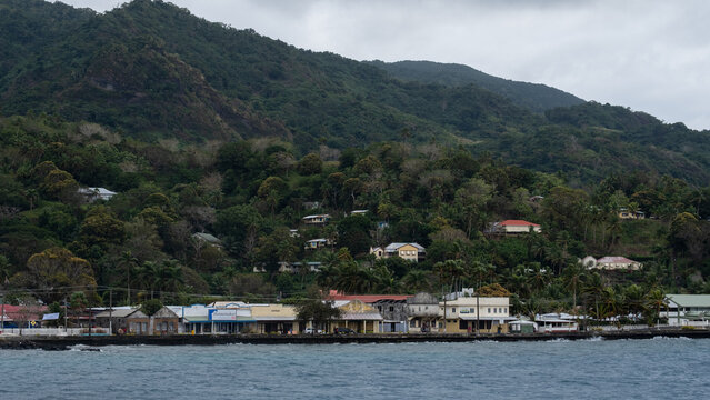 Scenic view of Levuka Town along ocean waterfront on tropical island of Ovalau in Fiji, South Pacific