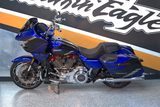 Denver, Colorado, USA, 19 August 2026. A port side view of a Harley Davidson CVO motorcycle parked indoors. 