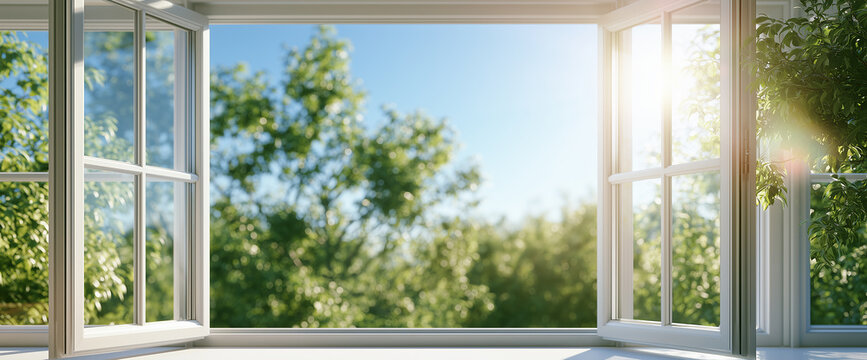 Bright sunlight streaming through an open white window with a view of lush green trees.