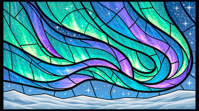 Stained glass aurora borealis over a snowy horizon / decorative winter art
