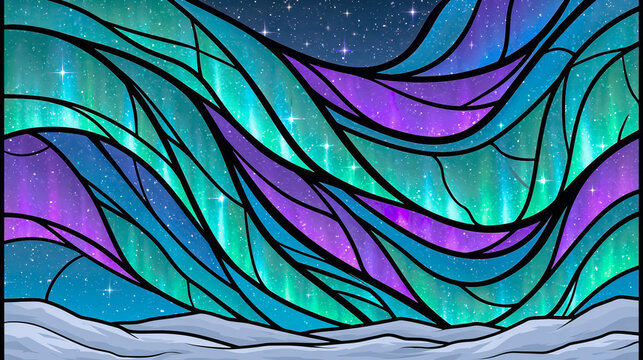 Stained glass aurora borealis over a snowy horizon / decorative winter art
