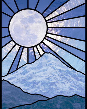 Stained glass snowy mountain under a full moon / decorative winter art

