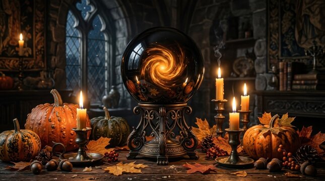 Mystical crystal ball with swirling galaxy inside surrounded by autumn pumpkins and candlelight