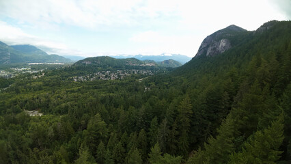 Obraz premium An aerial wide shot looks across a dense green pine forest canopy toward a small residential mountain town nestled in a valley by Stawamus Chief mountain under a cloudy sky.