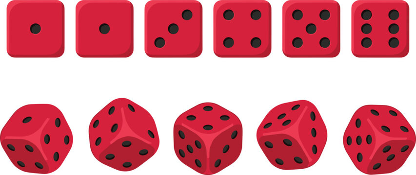 Red Casino Dice Vector Set with Flat 2D Top Down and Realistic 3D Angled Perspectives for Gambling Apps Board Games and Luxury Betting DesignsRed 