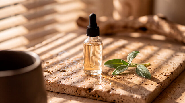Natural Organic Serum Glass Dropper Bottle on Travertine Stone with Herbal Sage Leaves and Sunlight Shadows