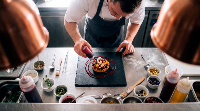Professional pastry chef decorating a gourmet berry tart with sauce on a slate plate in a commercial restaurant kitchen