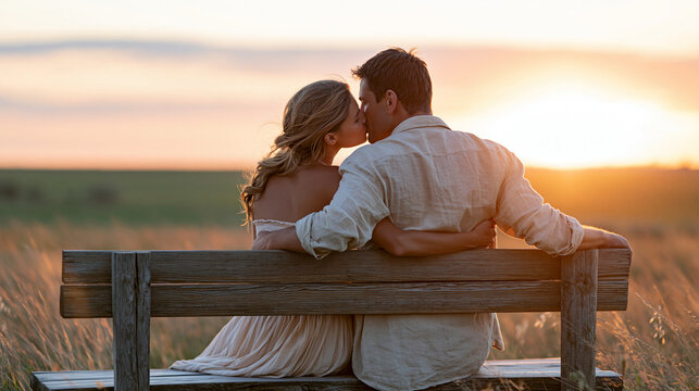 Faceless woman and man kissing on wooden bench outdoors at sunset, couple in love spending time together in nature, romantic concept for relationship dating lifestyle, with copy