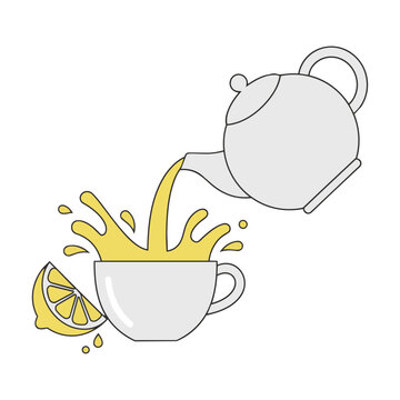 Stylized teapot pouring yellow tea into a cup with a lemon wedge on a white background minimalist drink concept