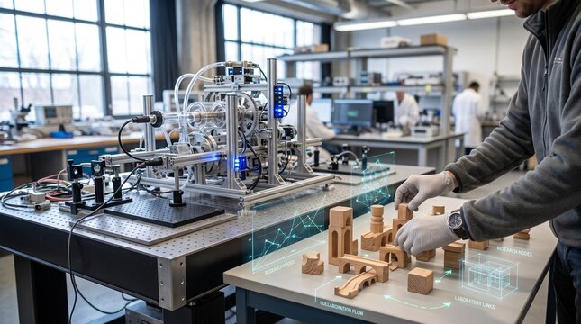 Researcher positioning wooden blocks on a laboratory table with optical equipment nearby