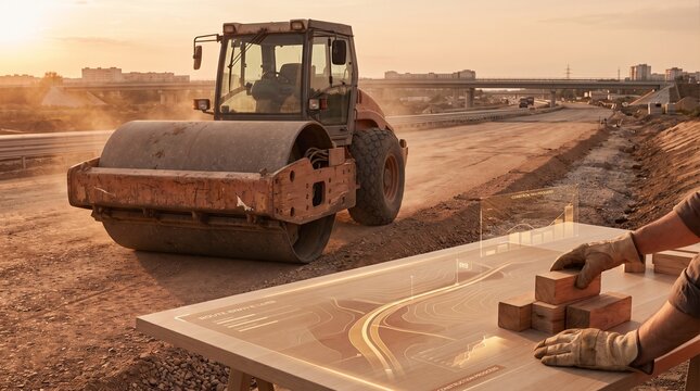 Road roller compacting soil at construction site with engineer reviewing project plans