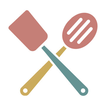 Stylized spatula and slotted turner crossed diagonally on a white background minimal kitchen utensil design