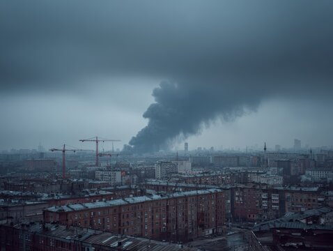 smoke rising over cityscape after fire incident