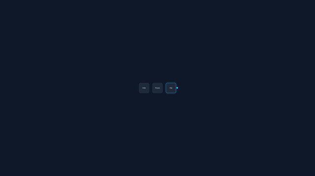 Minimalist digital interface loading animation with three glowing square icons on dark background.