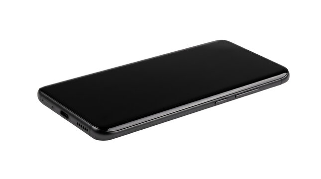 Modern black smartphone lying flat on a surface