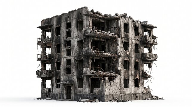 Dilapidated concrete apartment building with exposed rebar