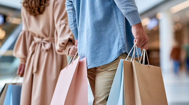 Happy faceless couple enjoying shopping spree together carrying bags in modern mall during sale event, defocused retail excitement, consumer companionship activity, with copy space
