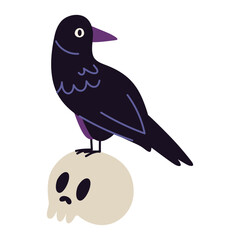 Naklejka premium Mysterious black raven perched on a skull. Classic Halloween scene for spooky stickers, gothic artwork and seasonal decorations. Flat vector illustrations isolated on white background