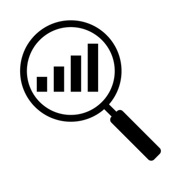 Black magnifying glass icon with a rising bar chart symbol for data analysis