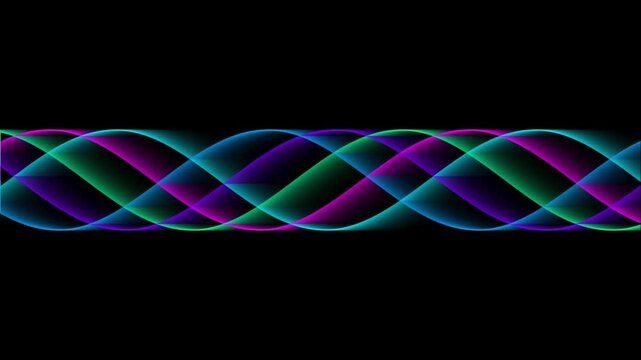 Abstract neon glowing wavy lines in blue purple and green colors forming a horizontal wave pattern on a dark black background