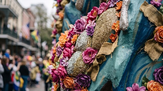 Close up of a vibrant Mardi Gras float decorated with colorful flowers and glitter