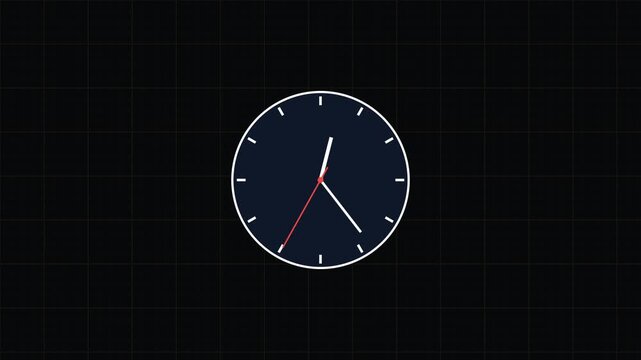 Minimalistic analog clock animation with moving hands over black grid background footage.