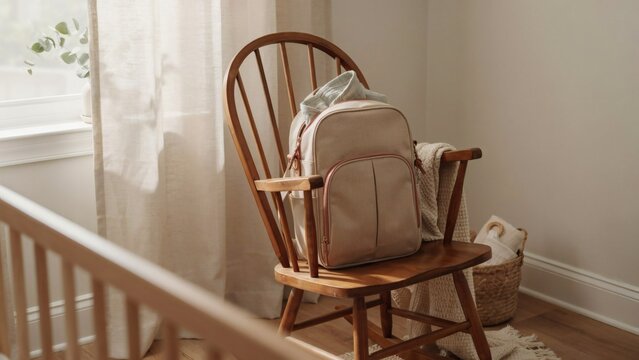 A beige backpack rests on a wooden rocking chair inside a sunlit neutral nursery room with backpack sits vintage basket bright nursery next woven basket