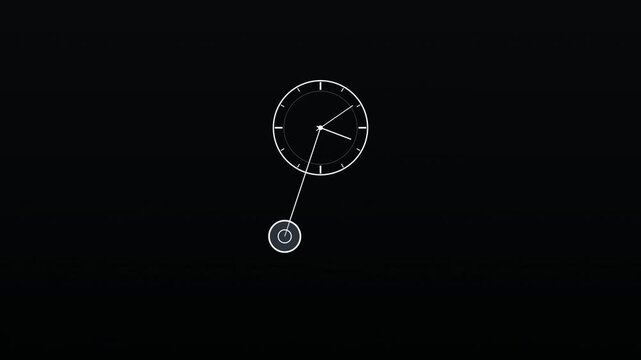Minimalist white outline clock pendulum swinging on solid black background in loopable motion.