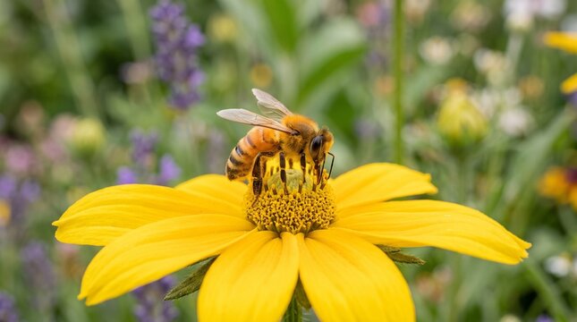 Honey bee collecting nectar from a bright yellow flower in a garden with blurred background