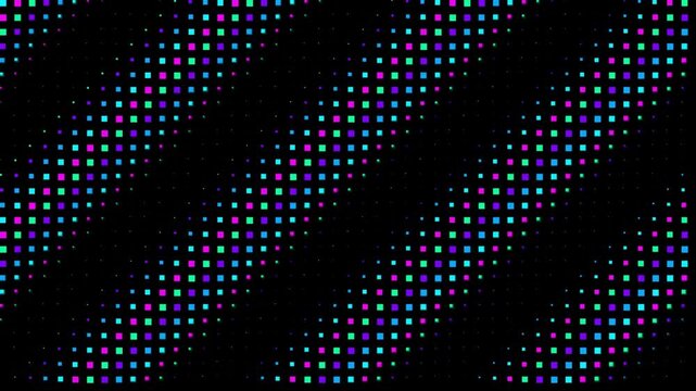 Abstract digital pattern with colorful glowing squares and diagonal dark stripes on a black background