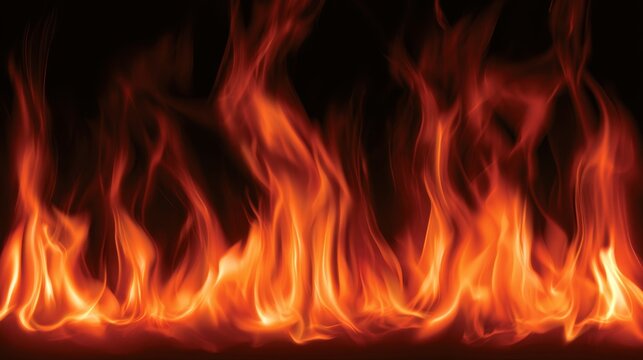 blazing fire flames background texture close up line of bright red and orange fire burning on dark background hot energy heat inferno bonfire flame abstract isolated dynamic light effect