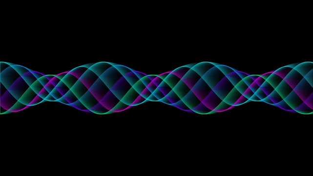 Abstract neon wave pattern with glowing blue purple and green lines forming a decorative horizontal border on a solid black background