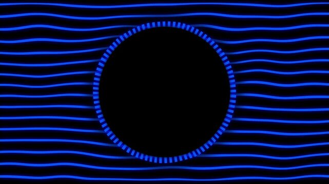 Glowing blue waving horizontal lines pattern seamless loop animation with rotating dashed circle frame placeholder at center on black background. 4K animated for frame placeholder and motion graphics.