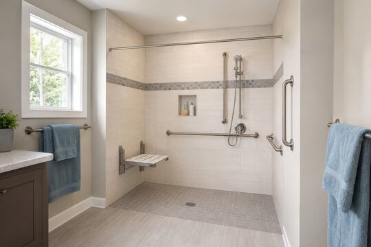 Accessible bathroom with walk in shower grab bars and folding seat
