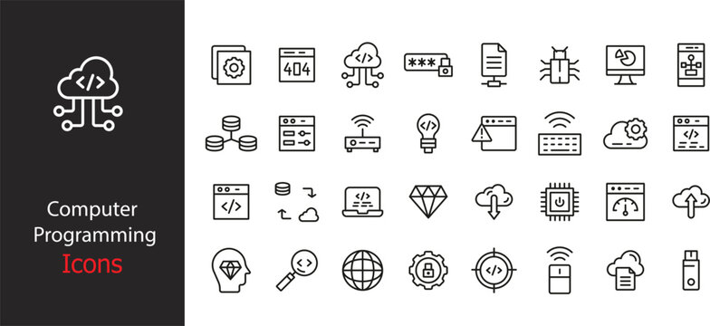Computer programming icons displayed in a clean outline style on a dark background for software development projects and tech websites.