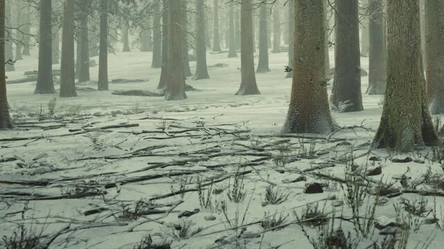 Snow covers the ground and fallen branches in a forest. Tall trees rise amidst the snow, creating a quiet and simple scene. The light is soft, indicating a cloudy day in winter.