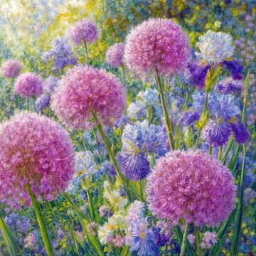 The garden is filled with a vibrant display of purple irises and pink allium flowers as sunlight gently illuminates the blooming flowers, creating a serene atmosphere