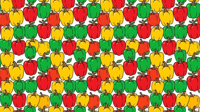 Colorful bell pepper pattern features repeating red yellow and green vegetables