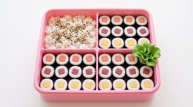Pink bento box filled with maki rolls and seasoned rice