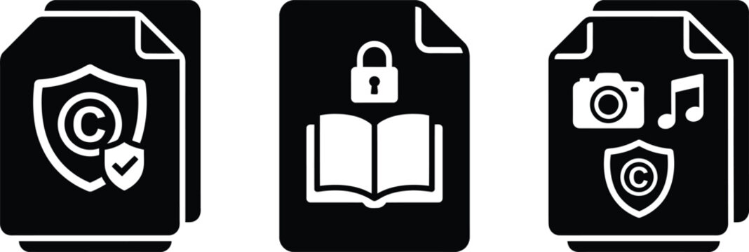 Copyright protection symbols on documents with security lock and media icons against white background
