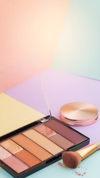 Eyeshadow palette with makeup brush and compact powder on colorful pastel background.