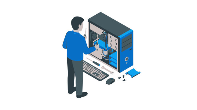 Man repairing or assembling a desktop computer isometric illustration