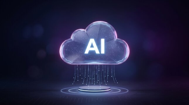 Futuristic Cloud Icon with Glowing AI Text, Artificial Intelligence Cloud and Edge Computing Data Transfer Technology Concept